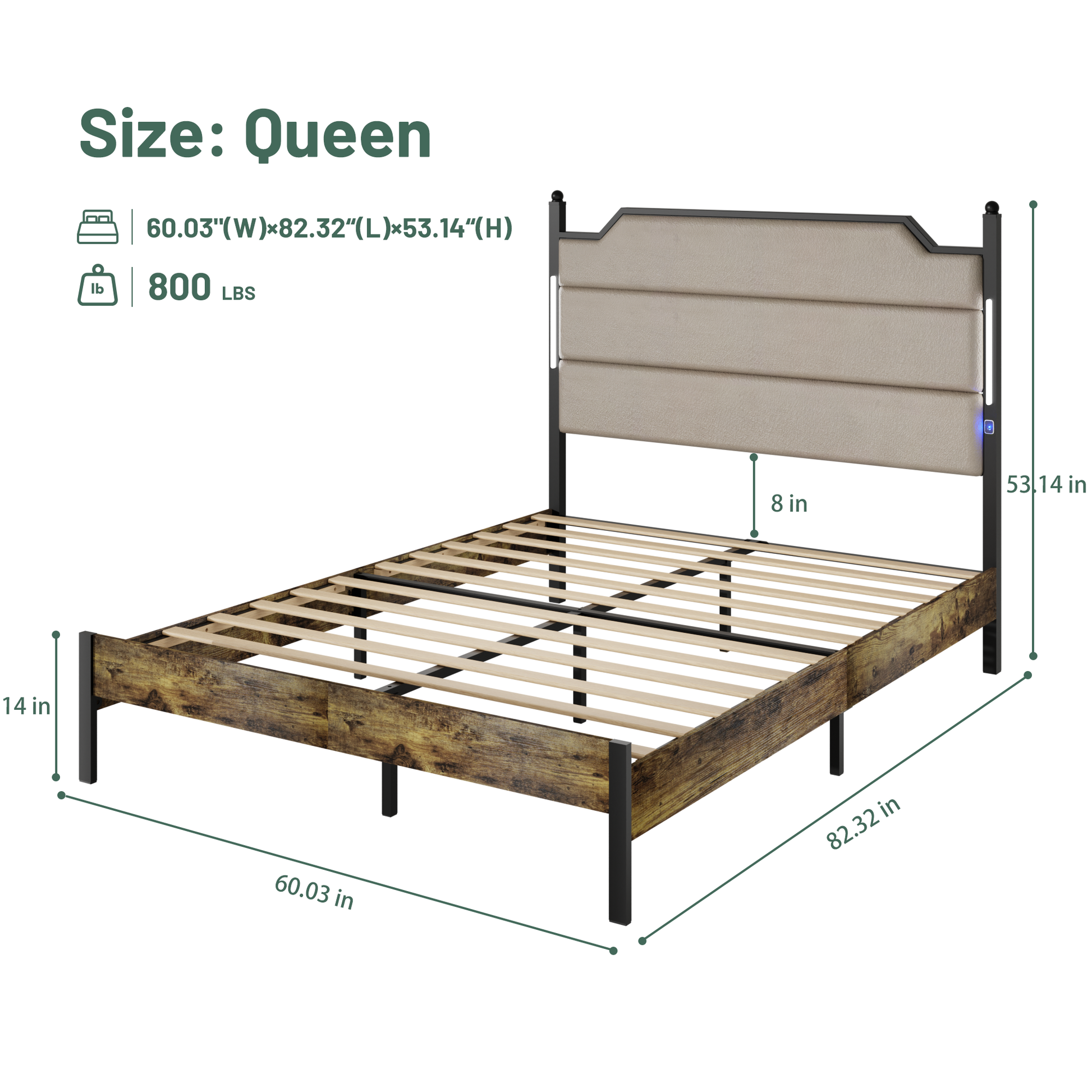 Queen size metal frame bed with tufted beige upholstered headboard and rustic wood accents