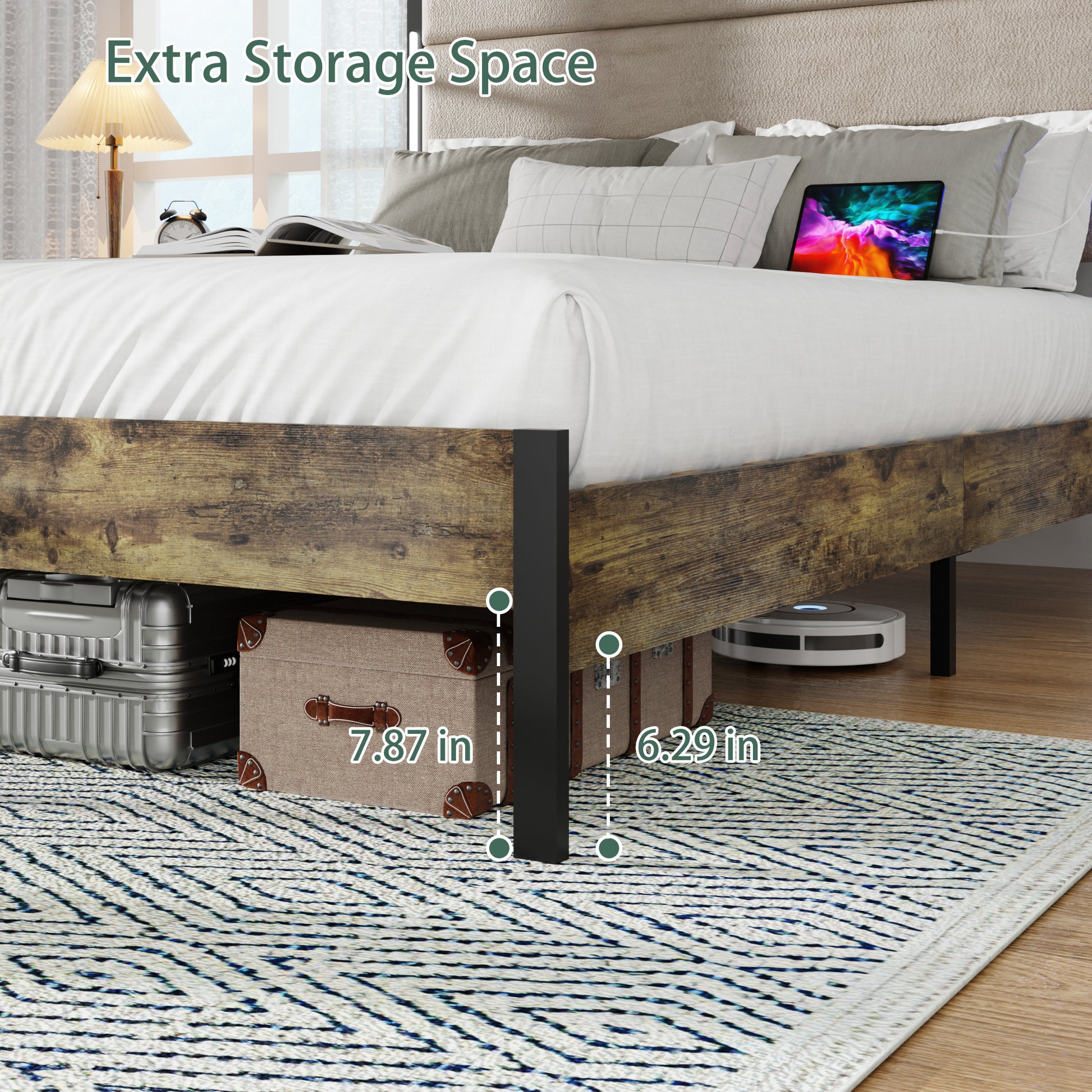 Rustic wood platform bed frame with black metal legs offering ample underbed storage space for luggage