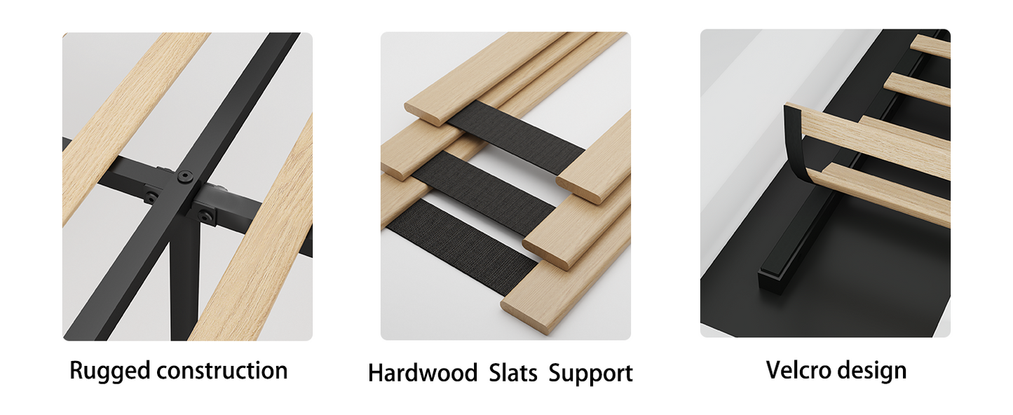 Closeup of a black metal bed frame with light wood slats showcasing rugged construction