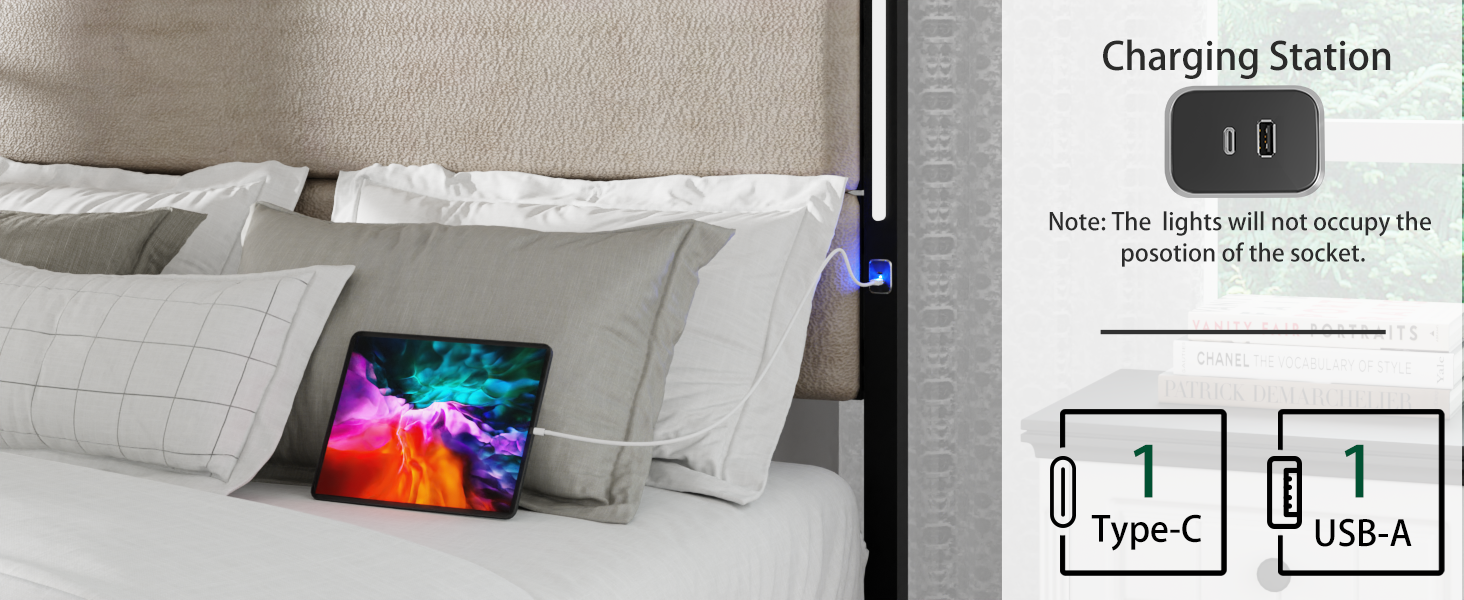 Bedside charging station with USBC and USBA ports charging a tablet
