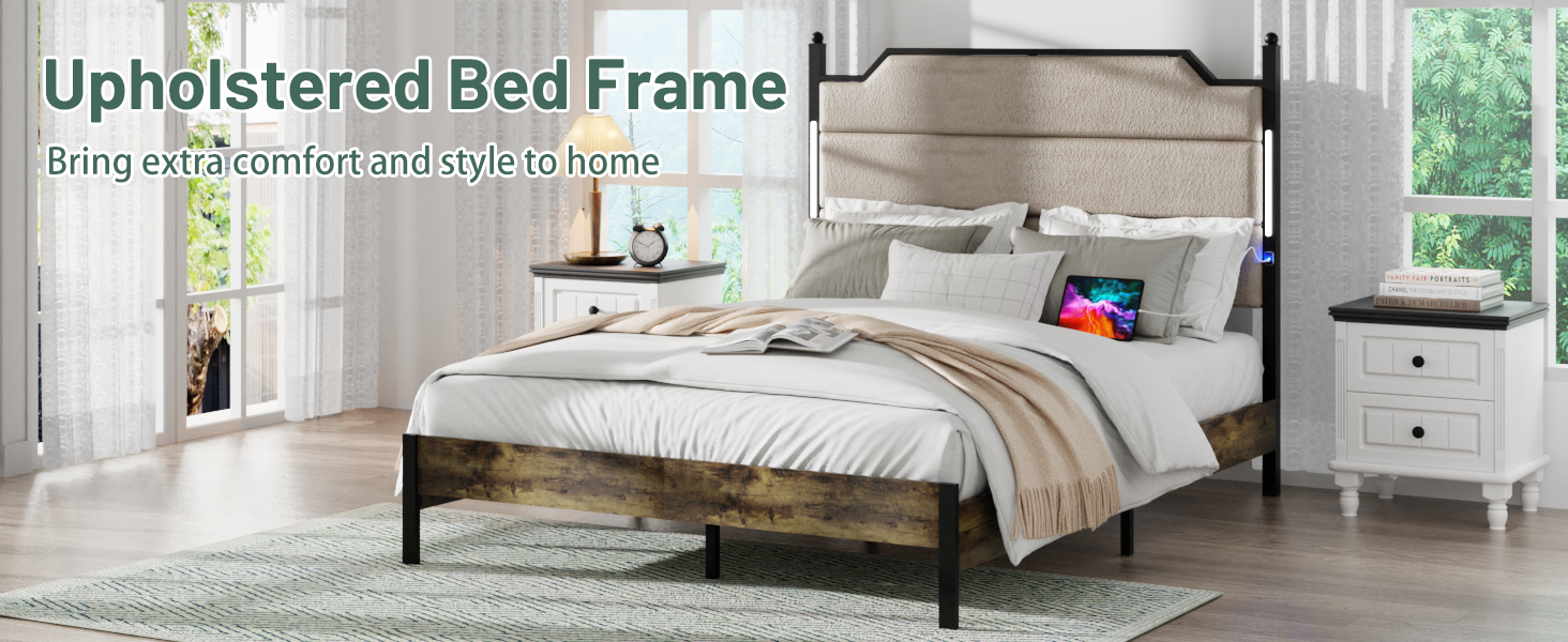 King size upholstered bed frame with beige textured headboard and rustic wood base
