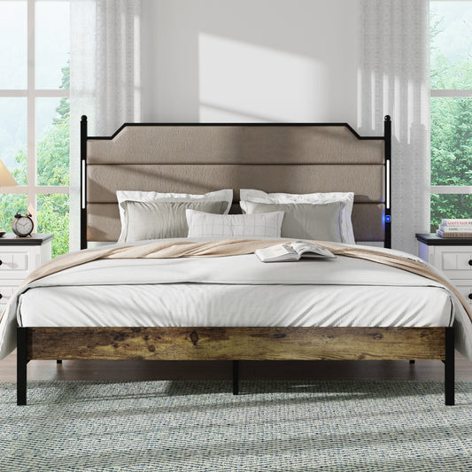 Queen upholstered platform bed with integrated LED lighting and rustic wood frame