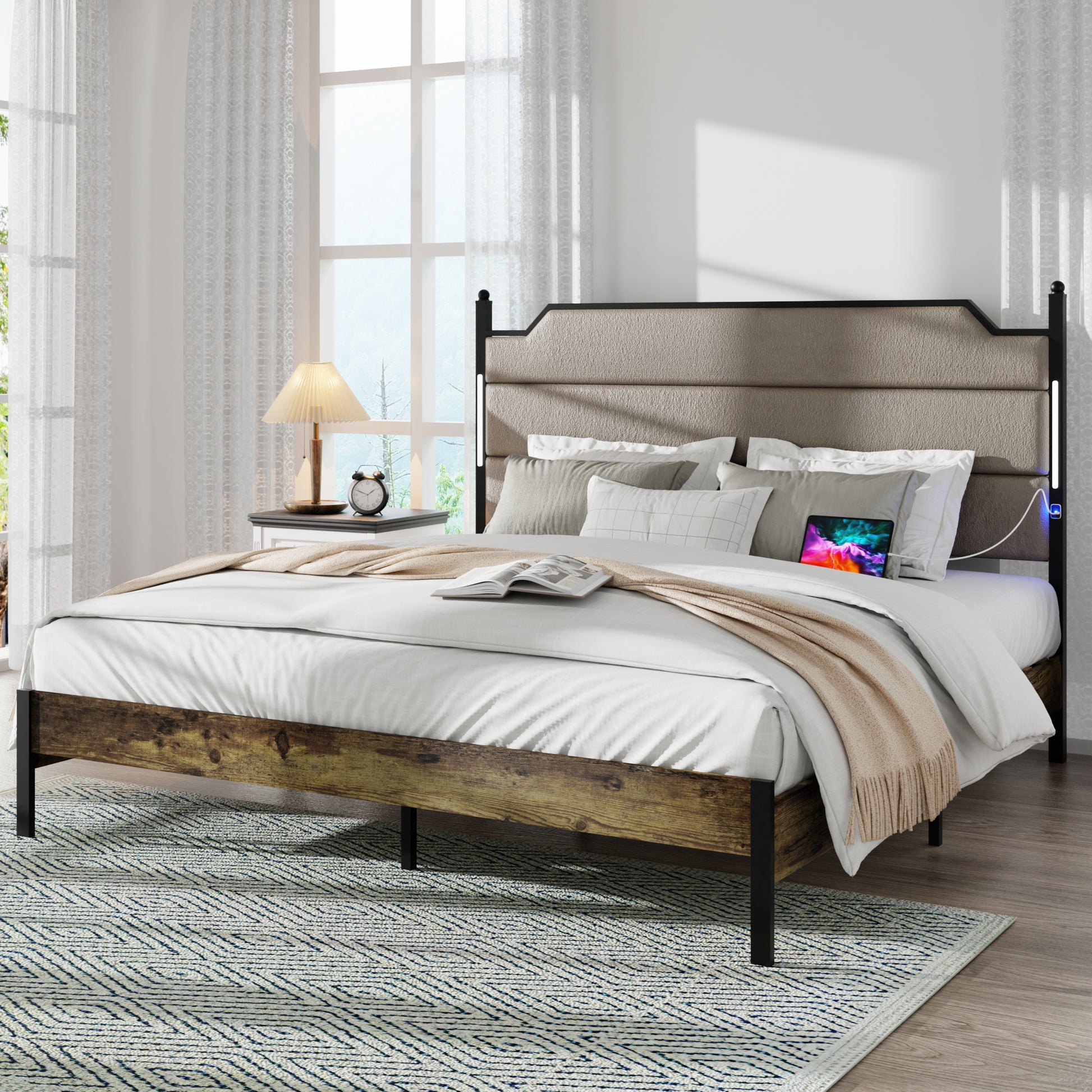 Industrial style queen bed frame with distressed wood and upholstered headboard
