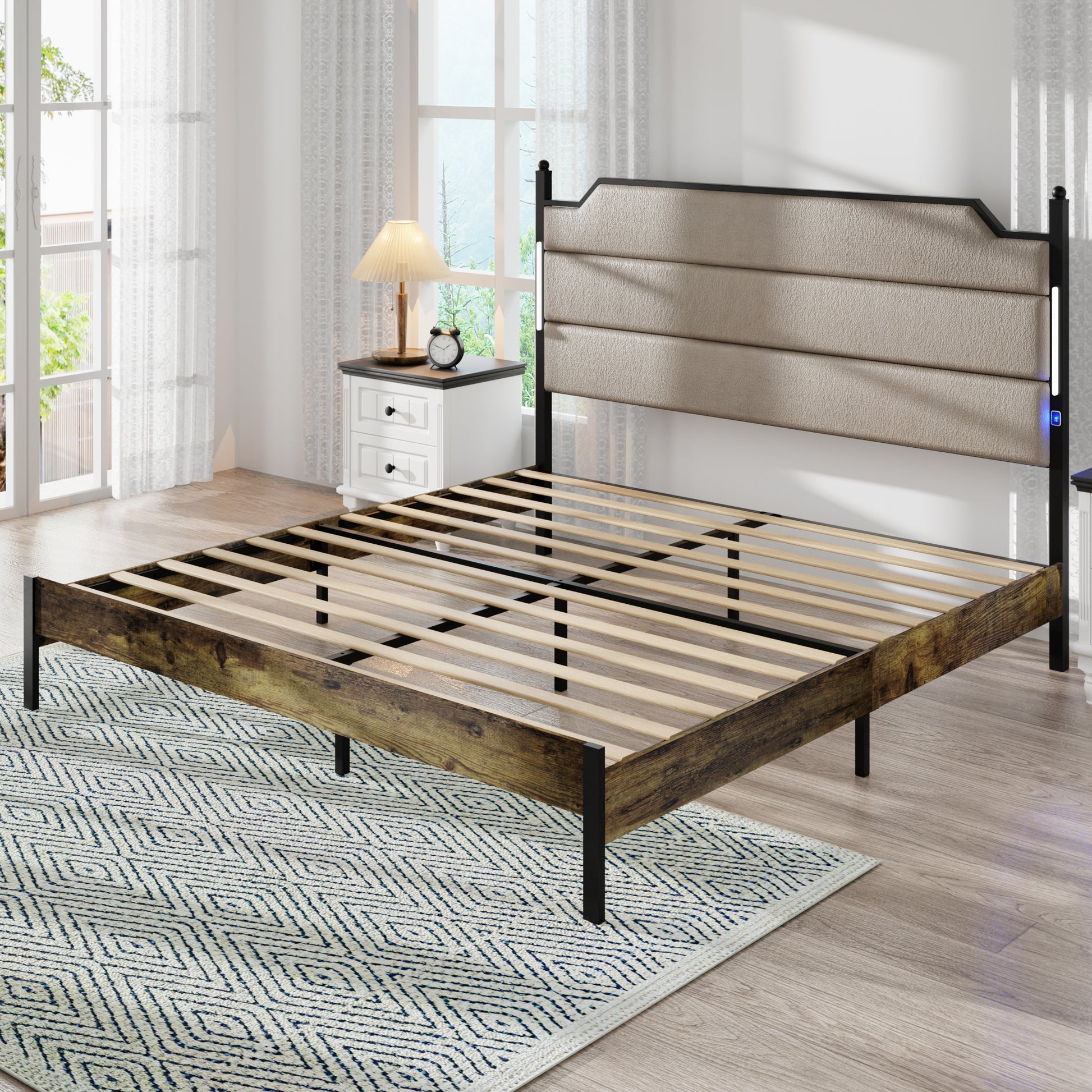 Upholstered beige headboard on a rustic wood platform bed frame with builtin LED lights