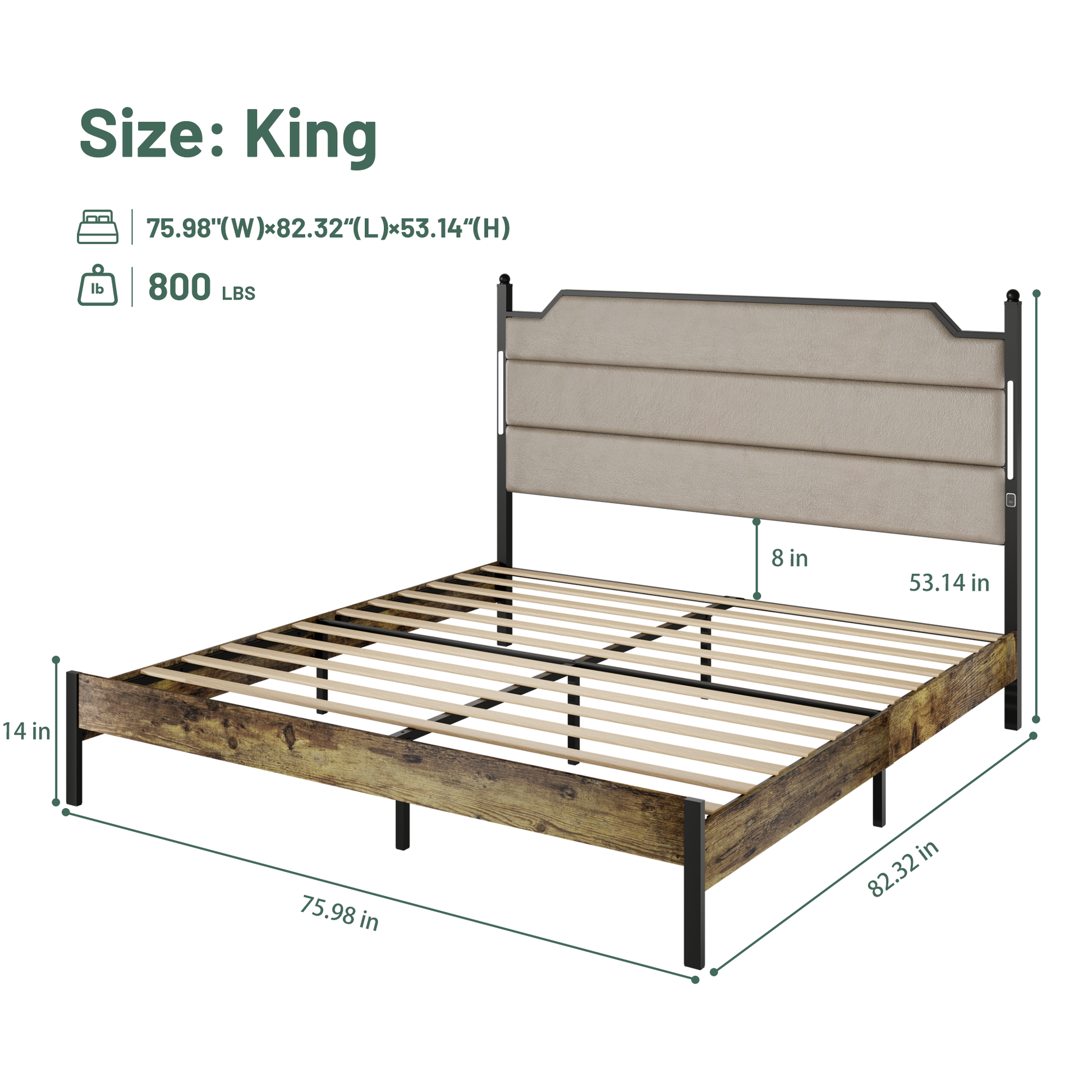 King size upholstered bed frame with a rustic wood and metal design
