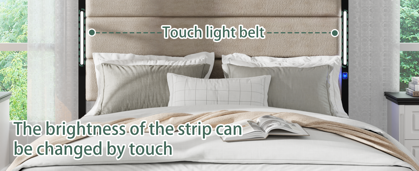 Modern upholstered headboard with integrated adjustable touch light belt for bedroom ambiance