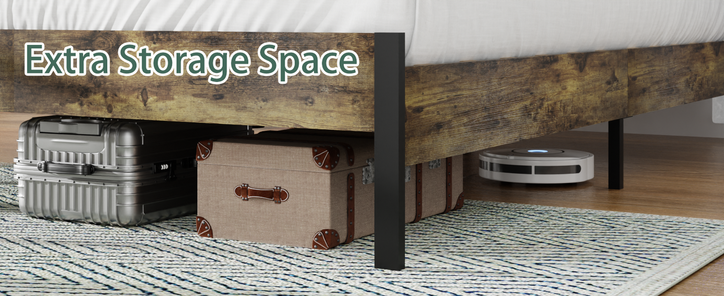 Rustic wood bed frame with underbed storage for suitcases and storage boxes