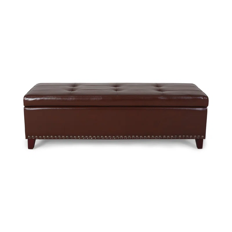 Tufted top brown faux leather storage ottoman with decorative nailhead trim