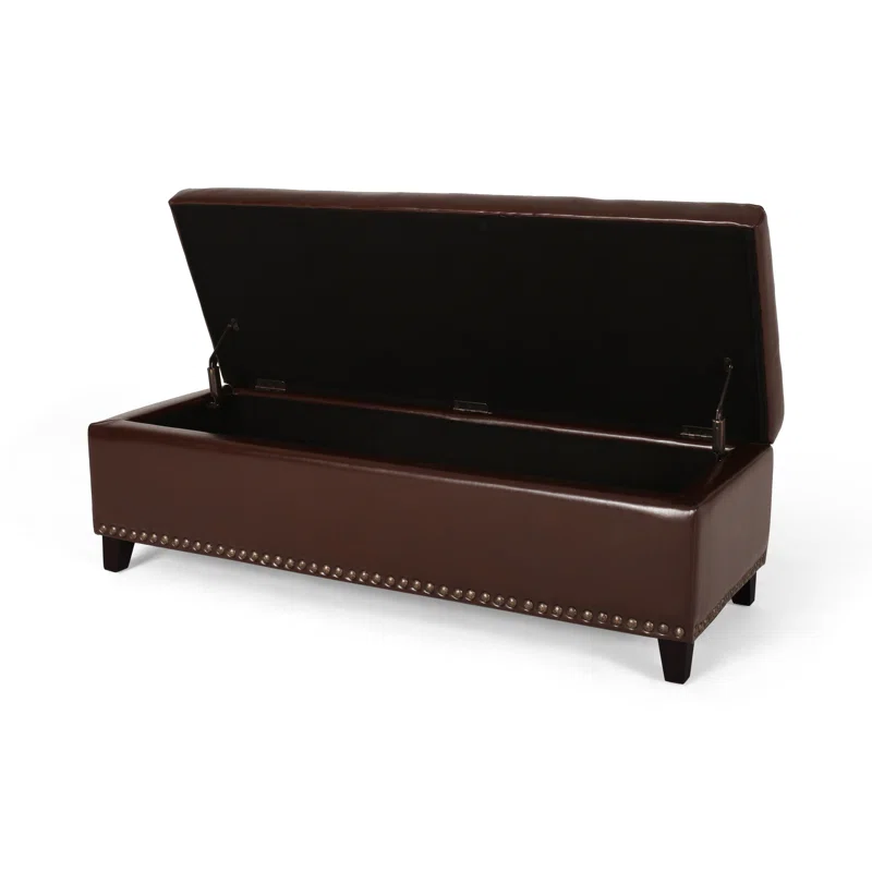 Brown faux leather storage ottoman bench with silver nailhead trim