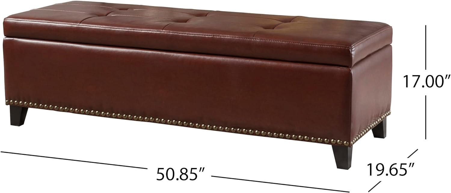 Tufted brown faux leather storage ottoman with nailhead trim and dark wood legs
