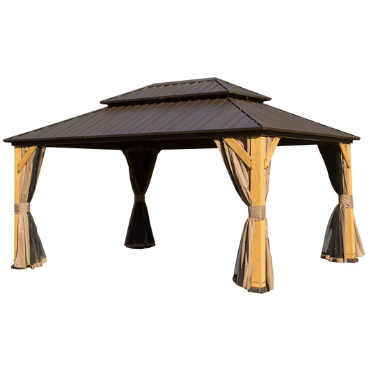 Bronze metal roof gazebo with natural wood posts and beige privacy curtains