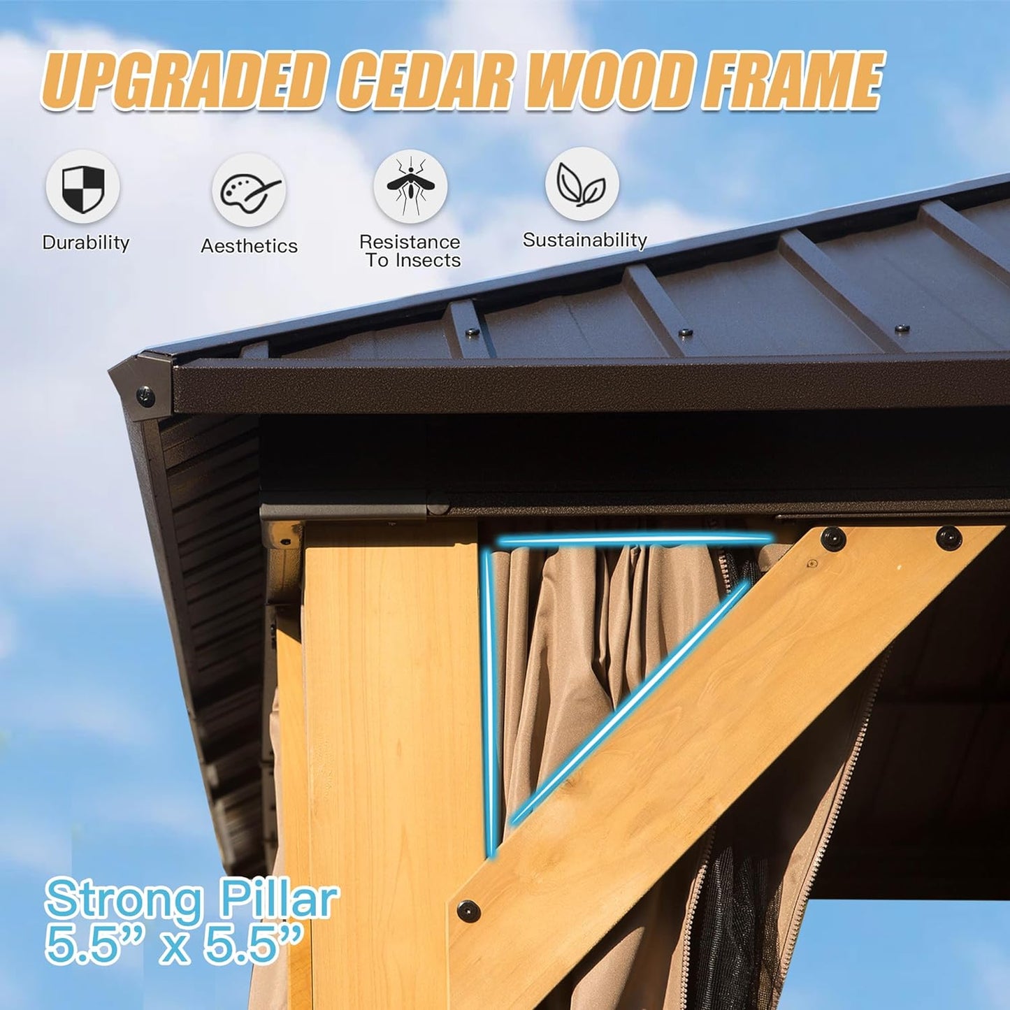 Upgraded cedar wood frame gazebo construction detail featuring strong pillar durability and insect resistance