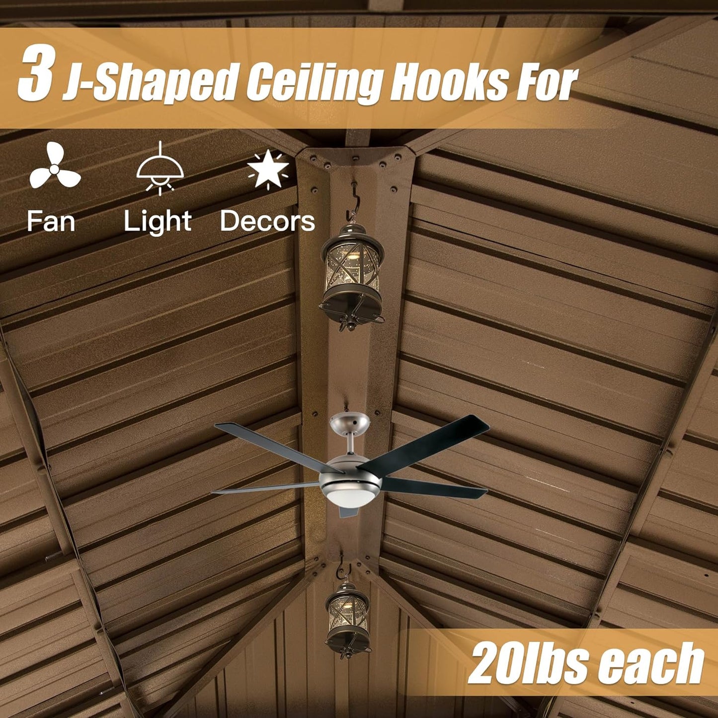 Silver ceiling fan mounted from brown metal roof structure with Jshaped hooks