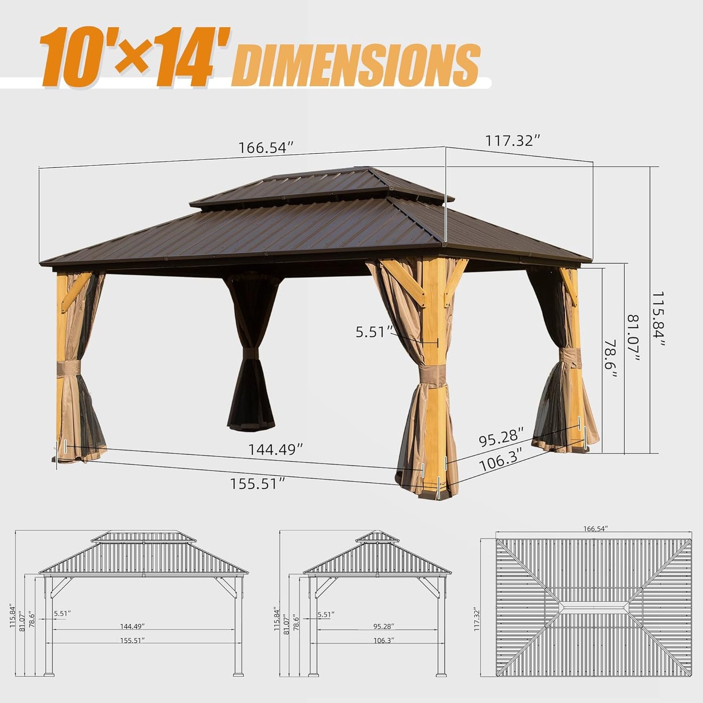 x ft gazebo with brown metal roof wood posts and beige curtains Dimensions shown