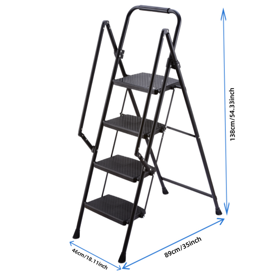 Black fourstep folding step ladder with wide textured steps for secure footing