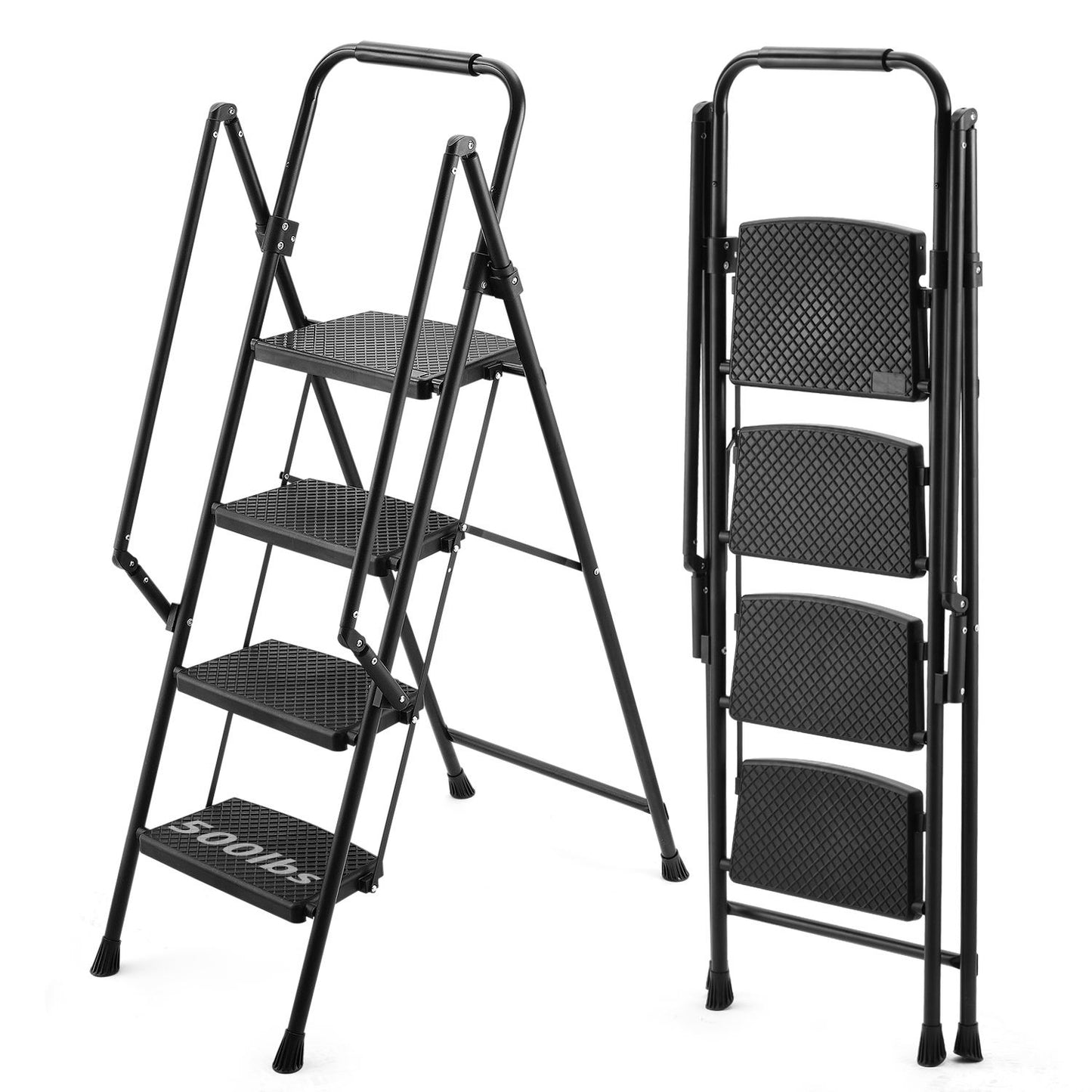 Black folding step ladder with  nonslip steps and handrail for home use