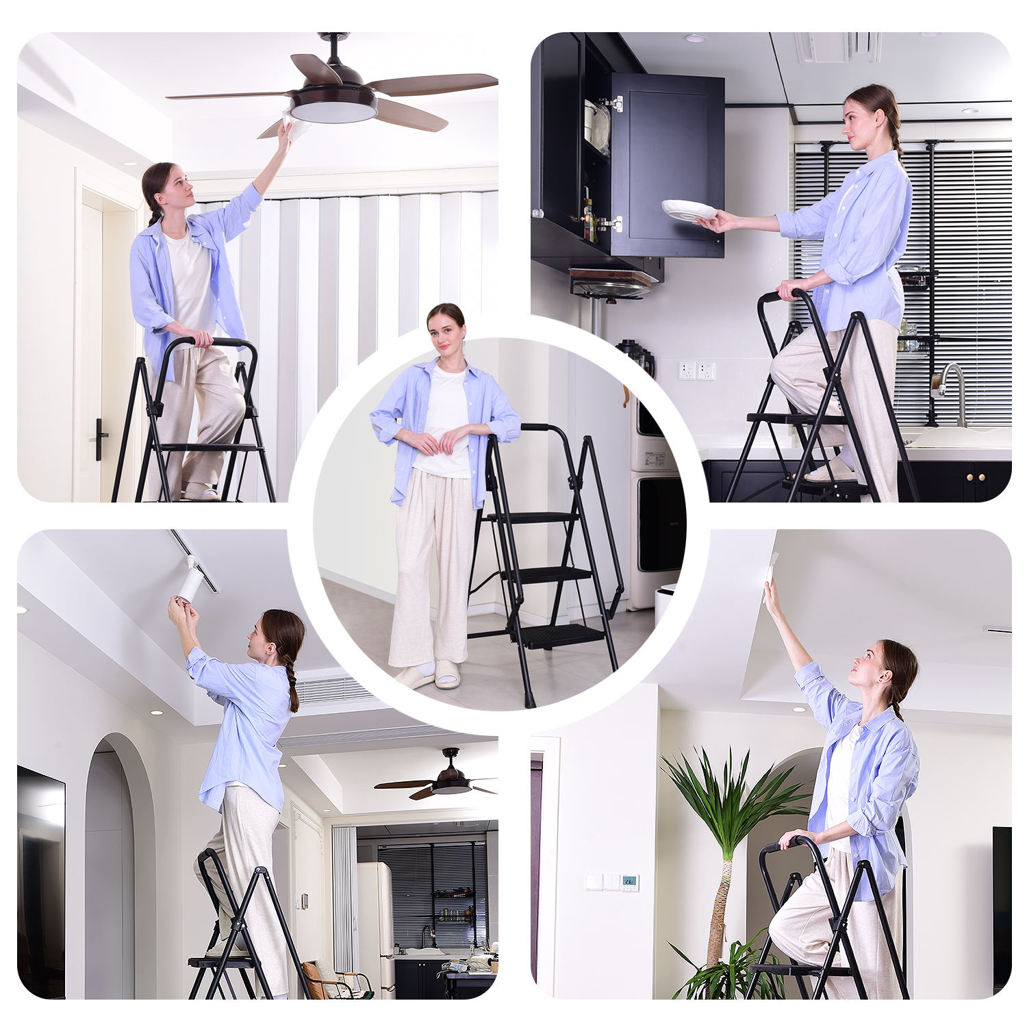 Woman cleaning ceiling fan on foldable step ladder