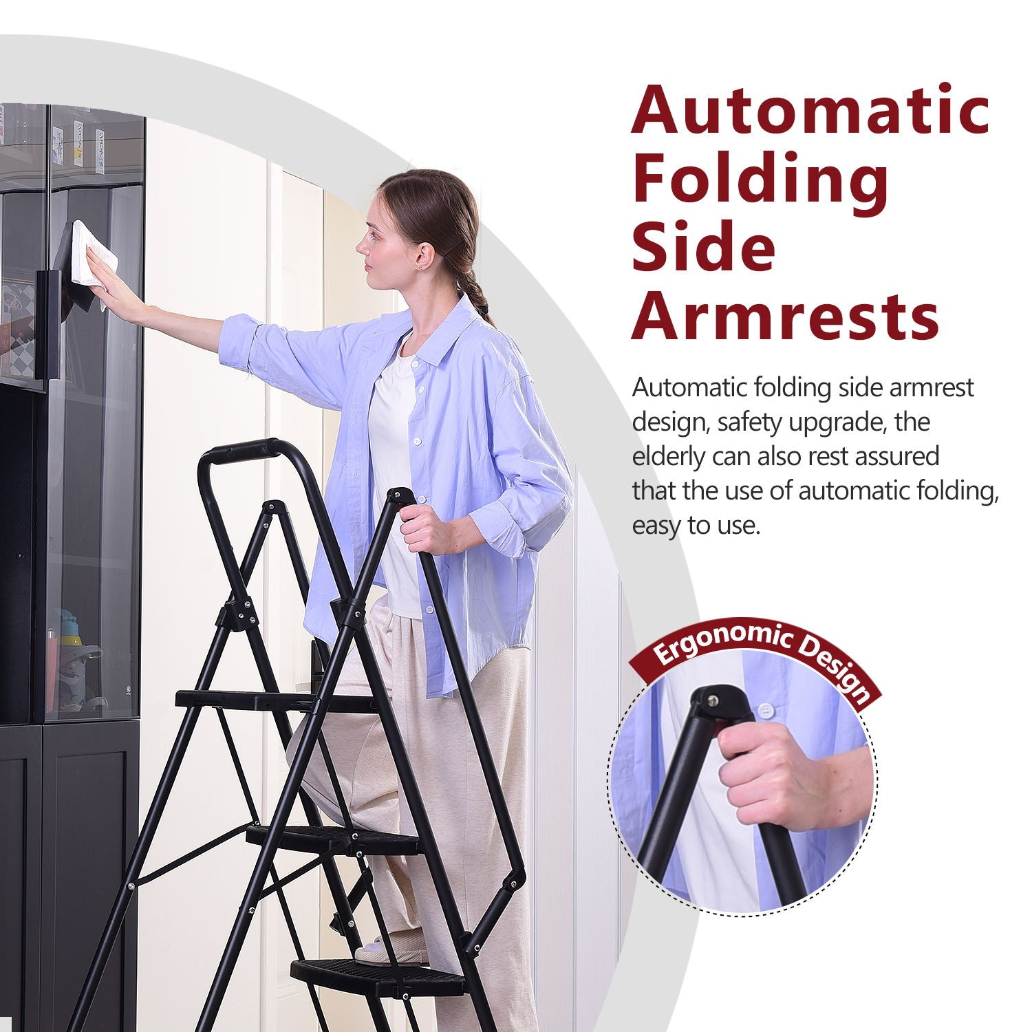 Black foldable stepladder with woman cleaning featuring automatic folding side armrests