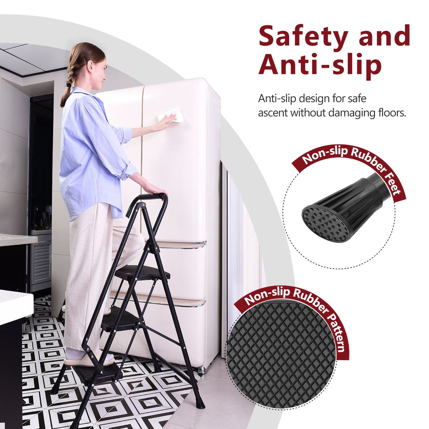 Black metal step folding step stool with nonslip rubber feet for kitchen use