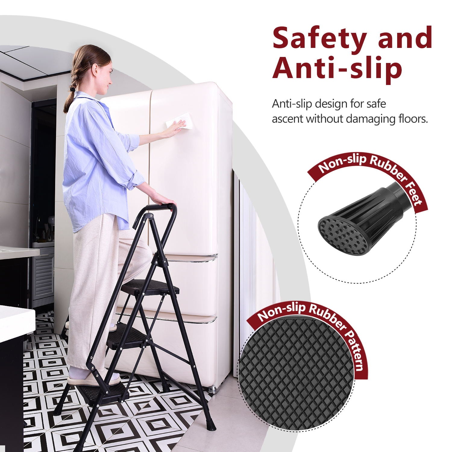 Black metal step folding step stool with nonslip rubber feet for kitchen use