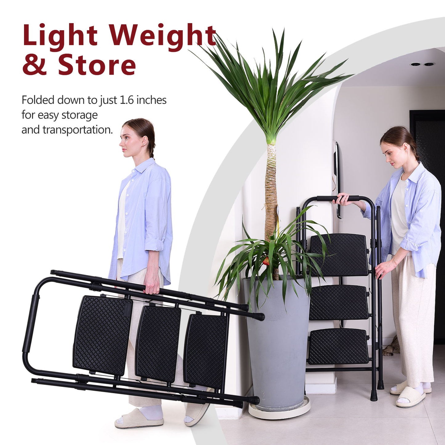 Black folding step stool with textured treads lightweight for easy transport