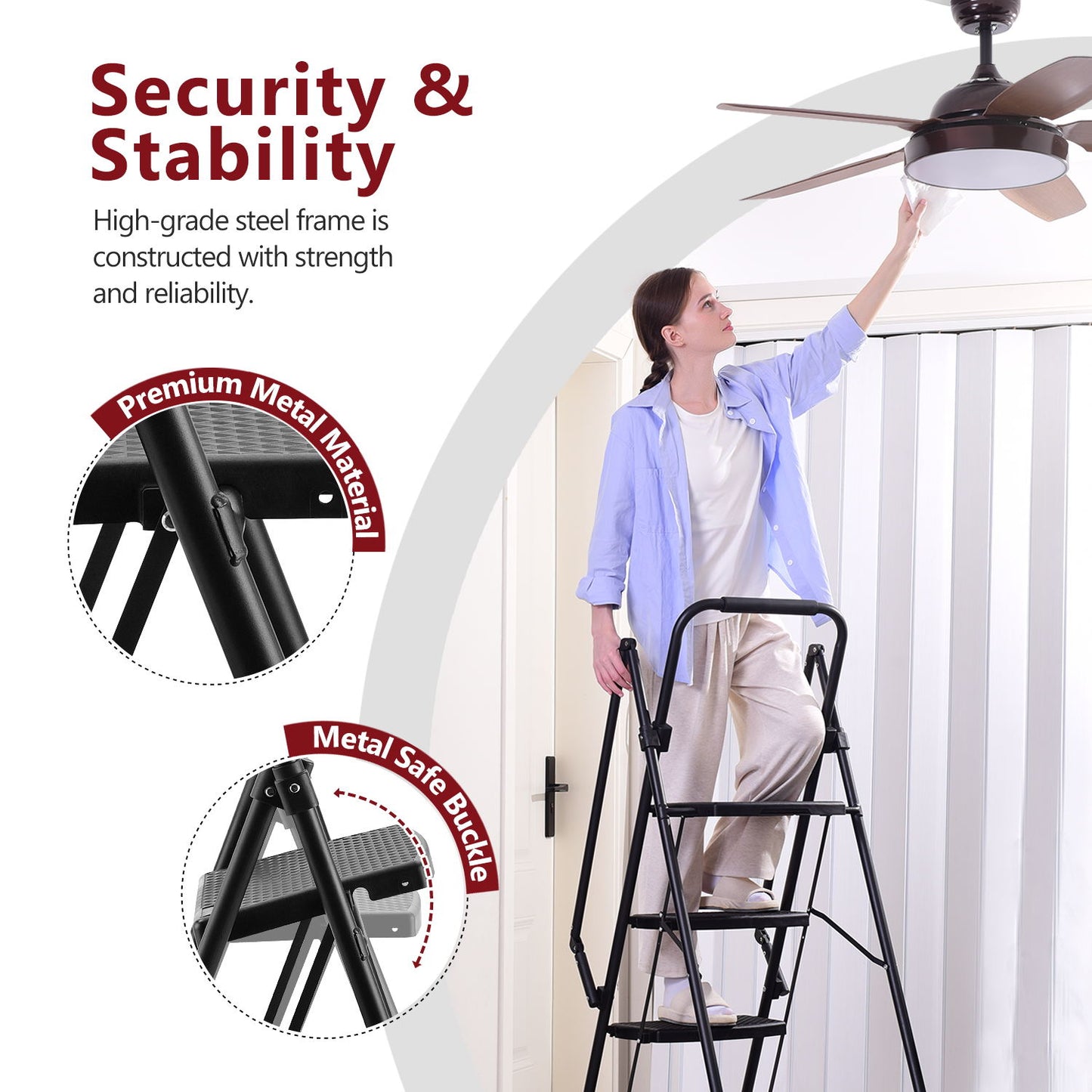 Black folding step ladder with a woman cleaning a ceiling fan