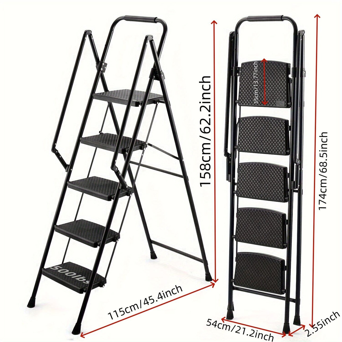 Black fivestep folding stepladder with wide textured treads for enhanced grip and stability