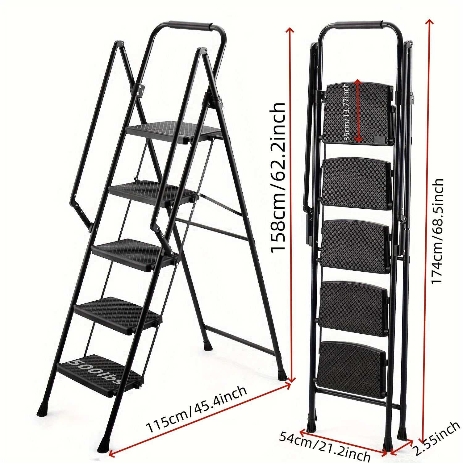 Black fivestep folding stepladder with wide textured treads for enhanced grip and stability