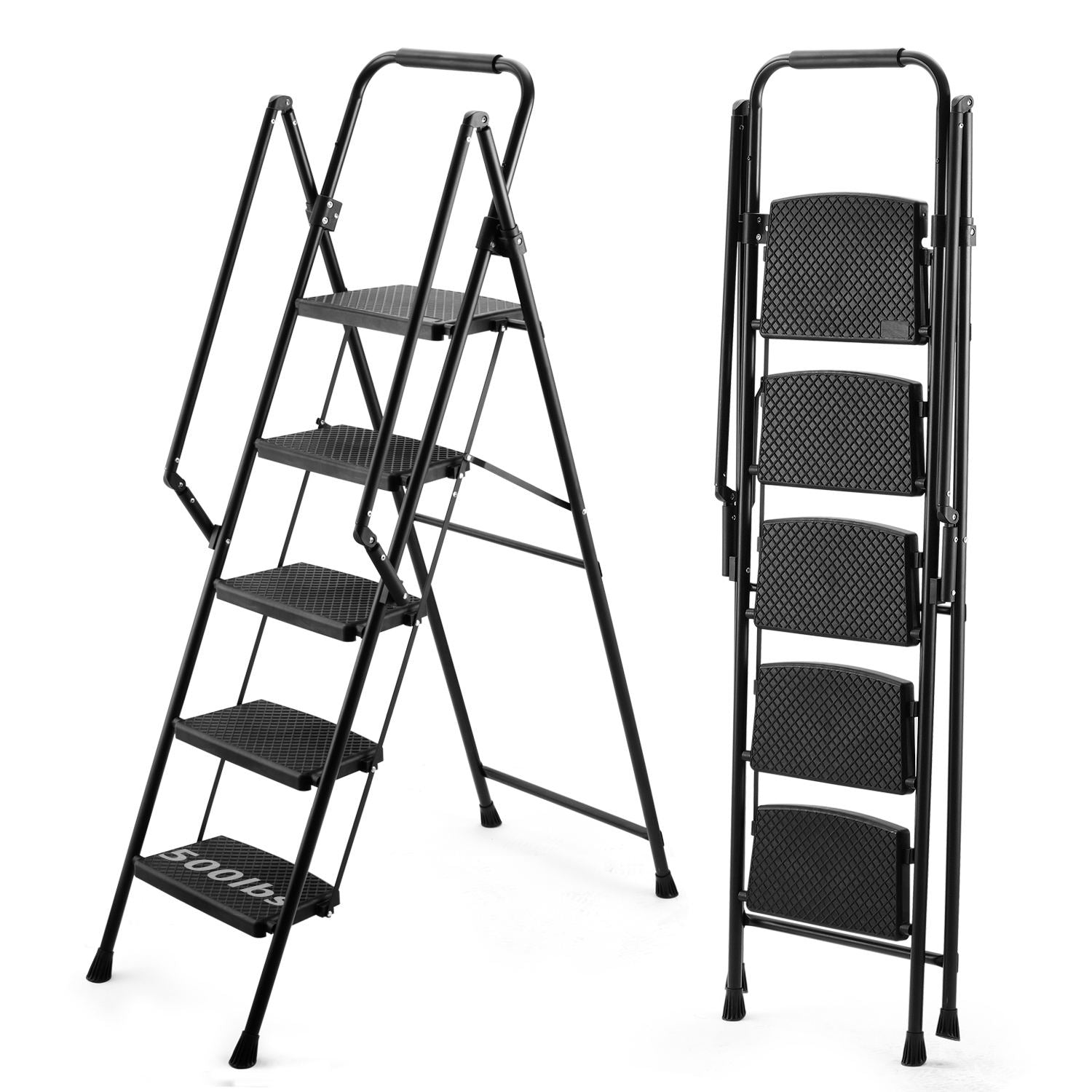 Black metal step ladder with  steps and lb capacity