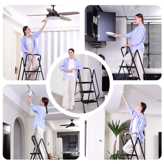 Black foldable step stool with a woman cleaning a ceiling fan