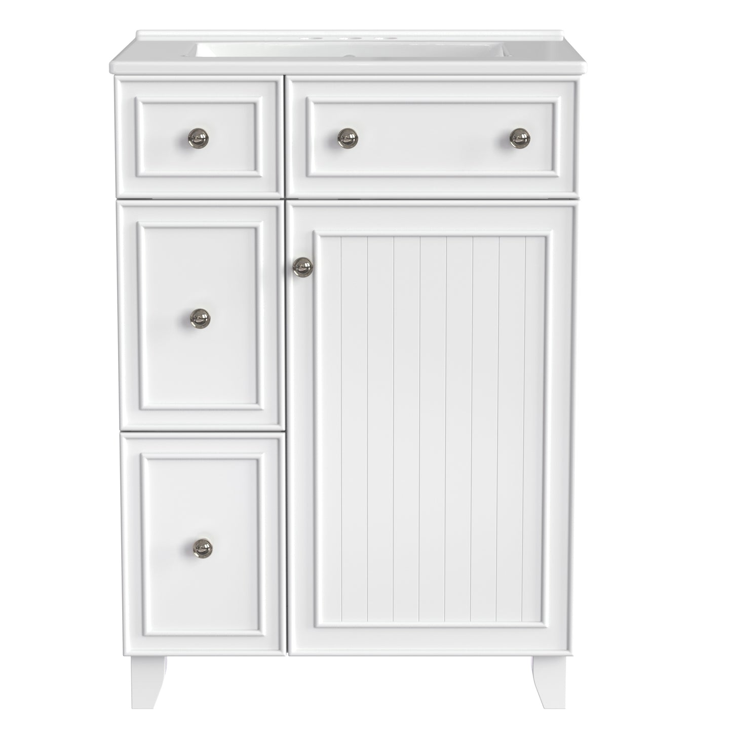 Classic white bathroom vanity with paneled door and drawers elegant hardware