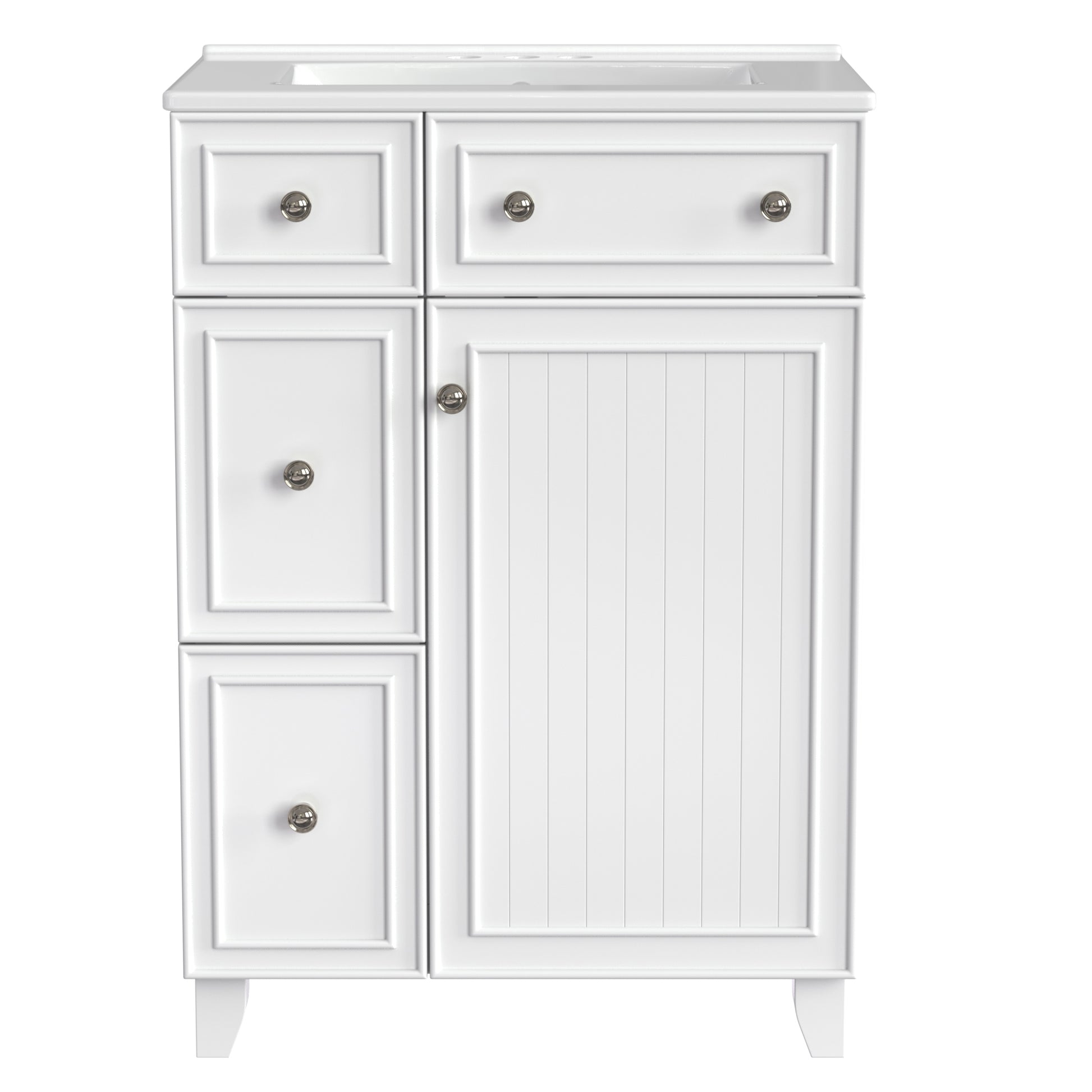 Classic white bathroom vanity with paneled door and drawers elegant hardware
