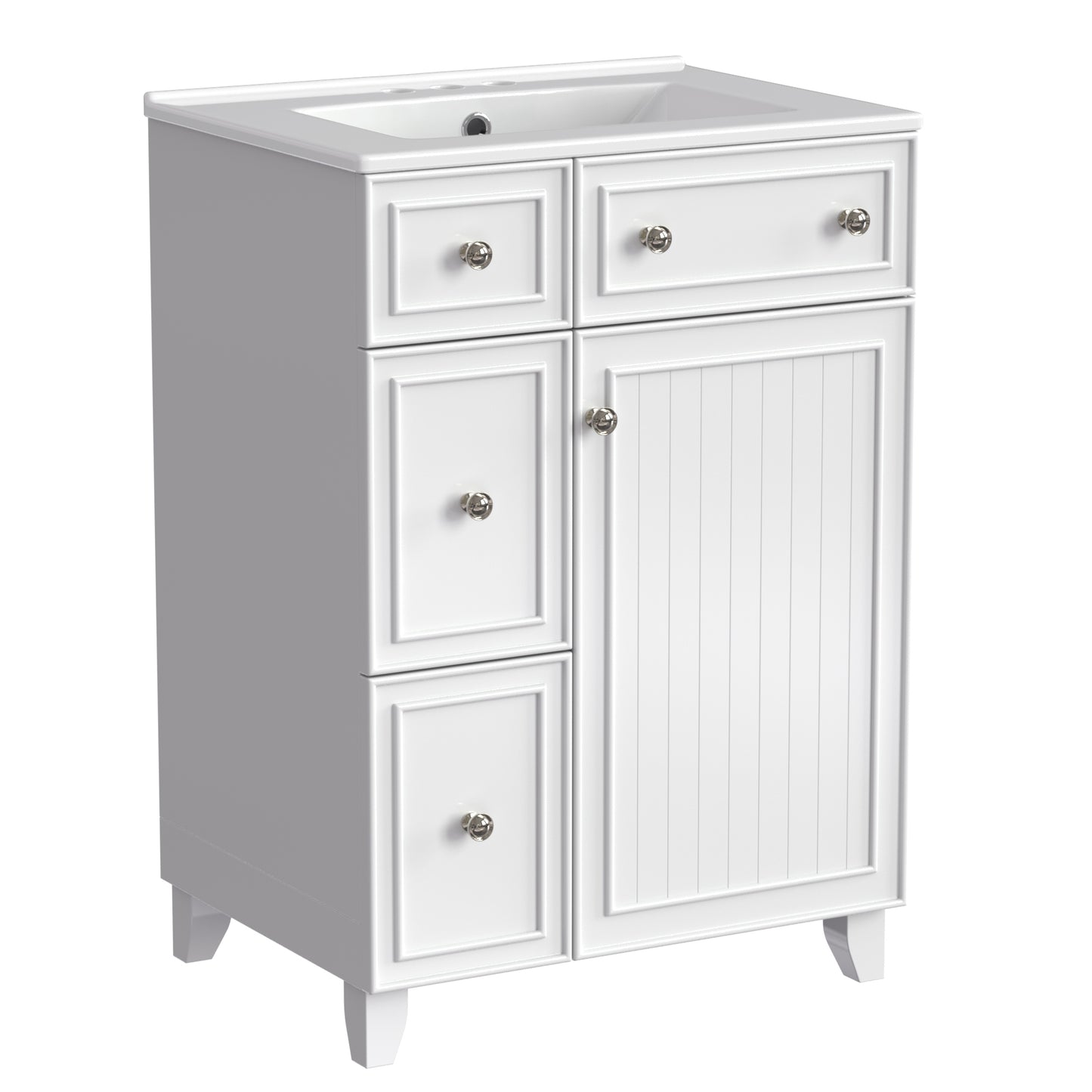 White shaker style bathroom vanity with three drawers and a cabinet door