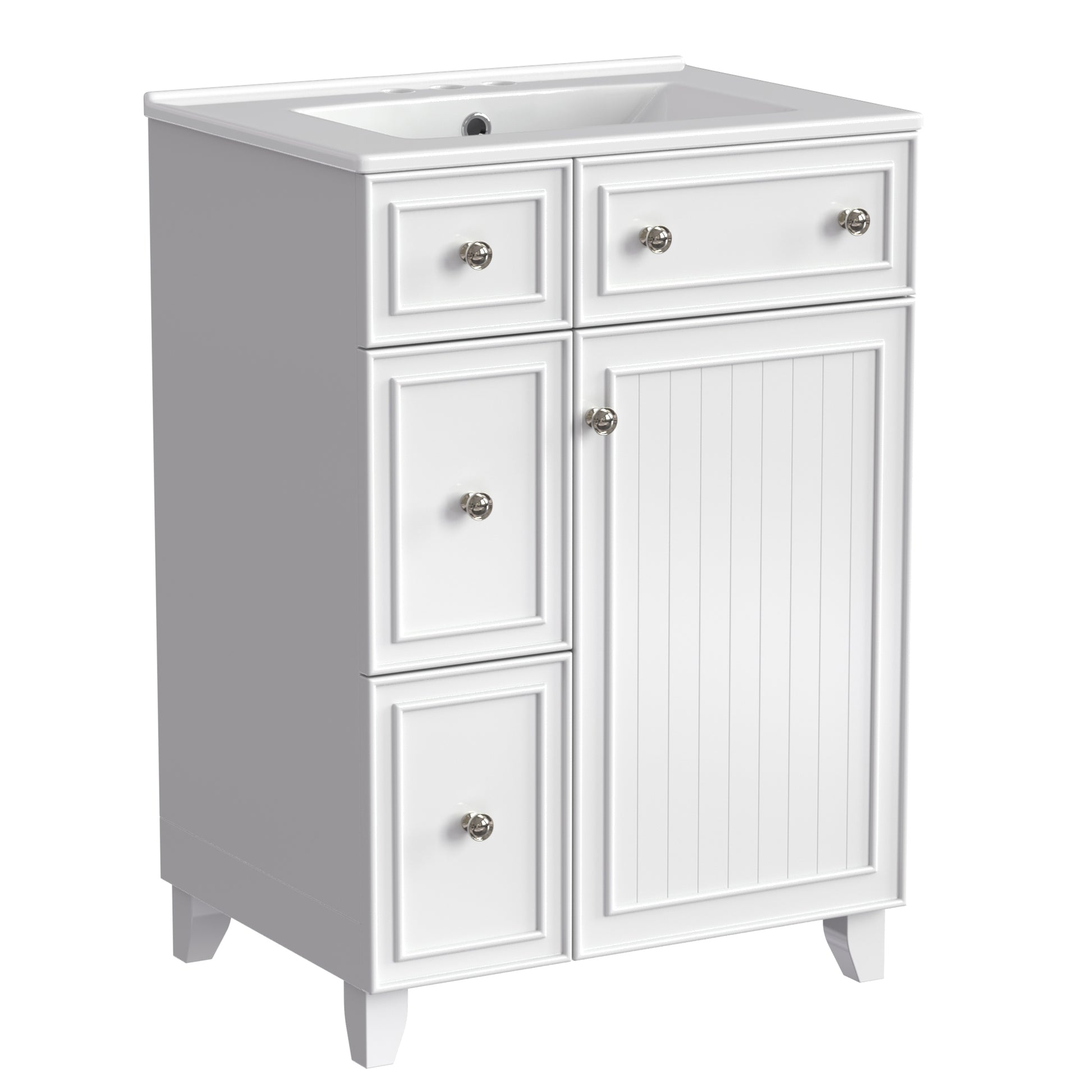 White shaker style bathroom vanity with three drawers and a cabinet door