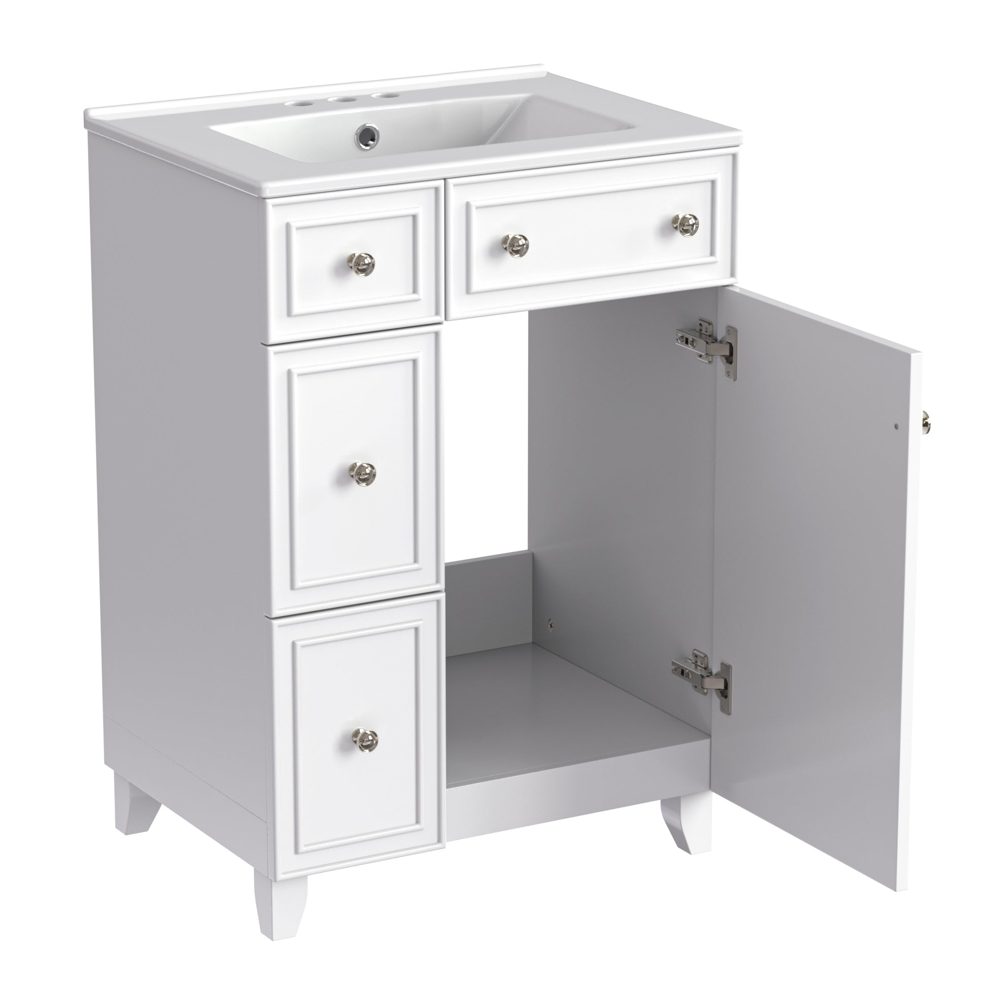 White inch bathroom vanity with sink and open cabinet door