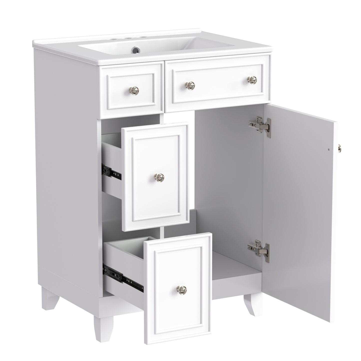 White vanity with sink featuring paneled drawers and an open cabinet