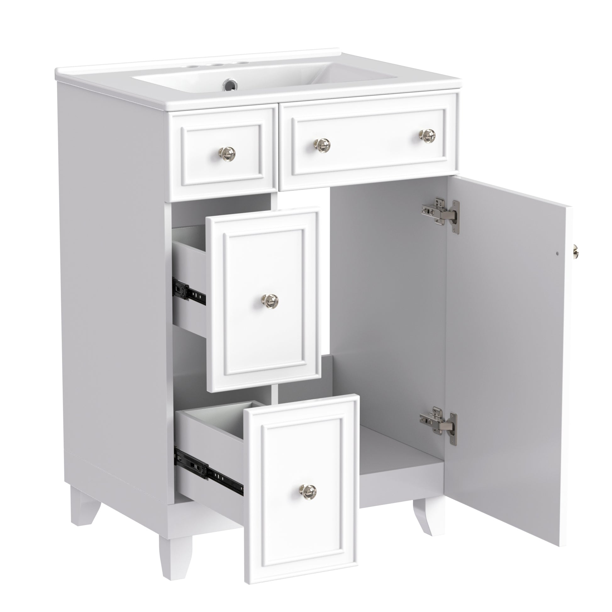 White vanity with sink featuring paneled drawers and an open cabinet