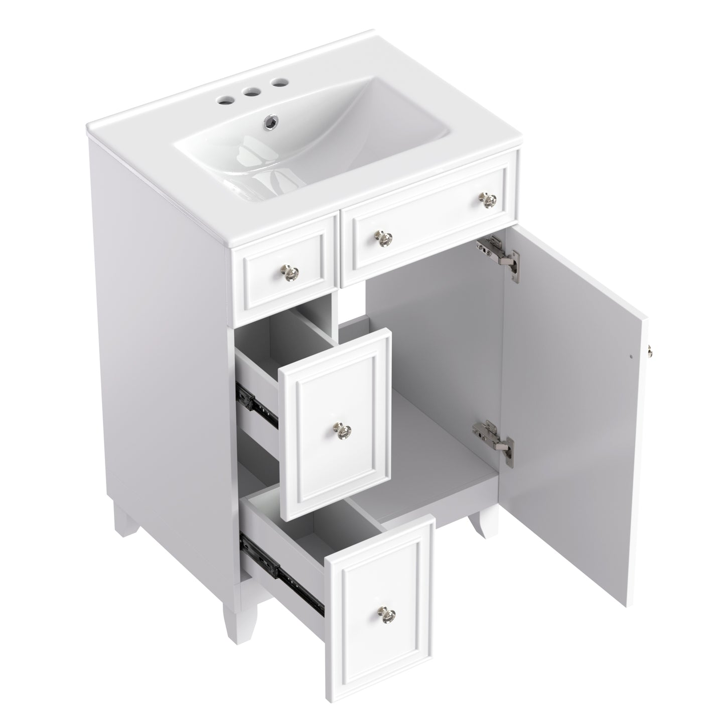 White vanity cabinet with integrated ceramic sink and three drawers