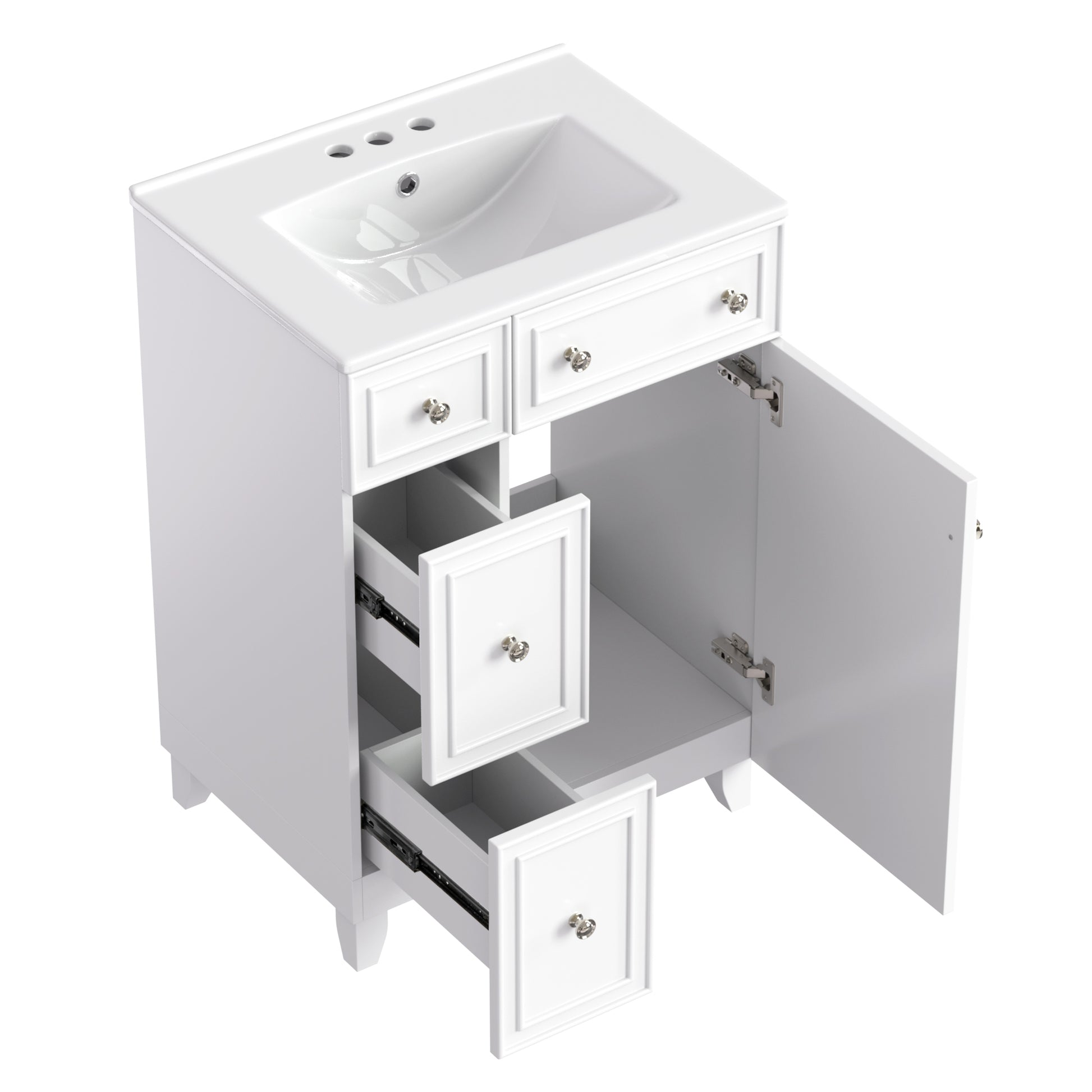 White vanity cabinet with integrated ceramic sink and three drawers