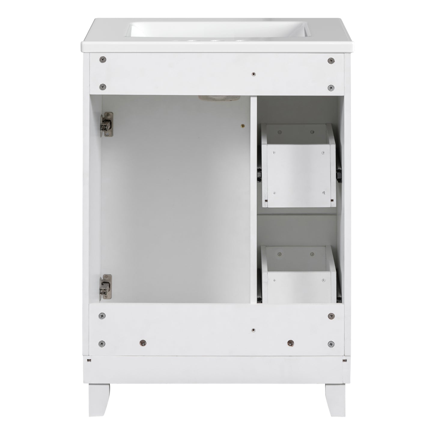 White modern bathroom vanity open cabinet with shelves clean design