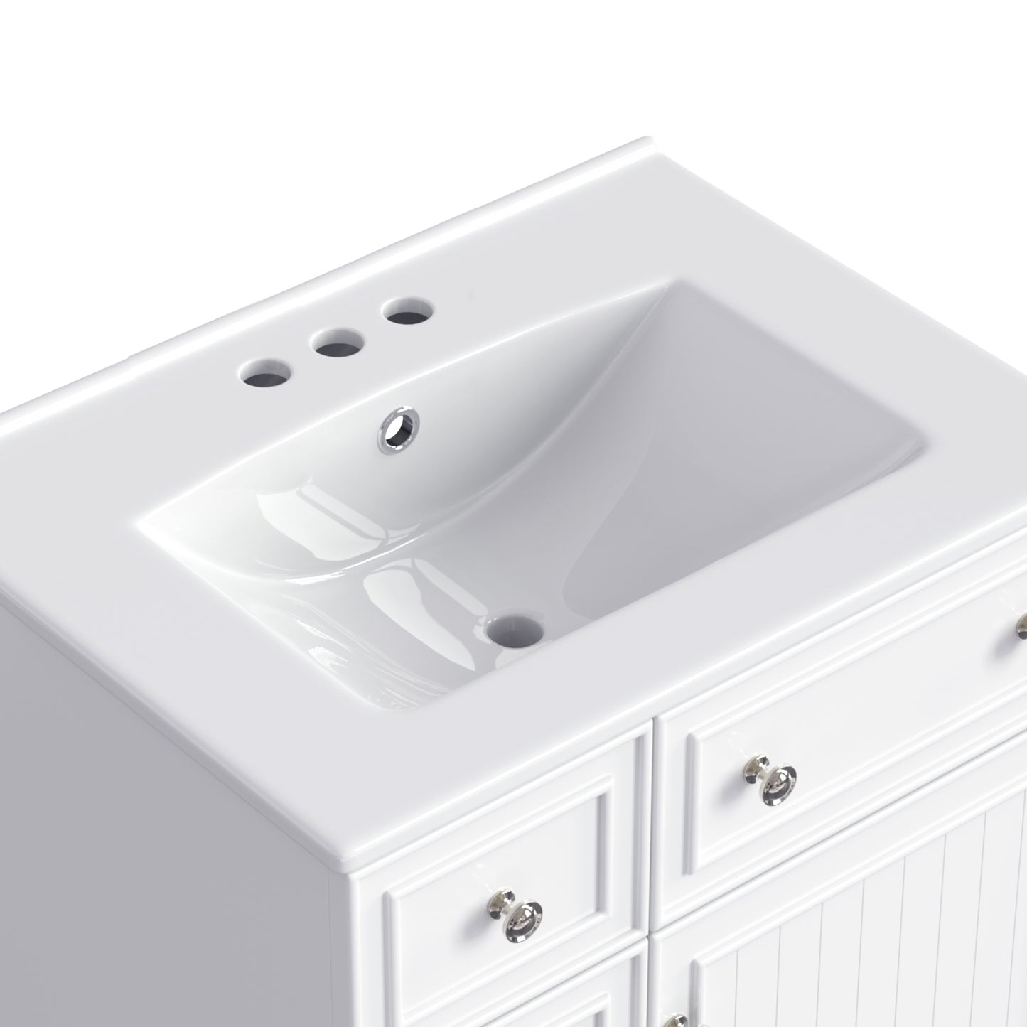 White ceramic bathroom vanity top with threehole faucet drillings and integrated basin