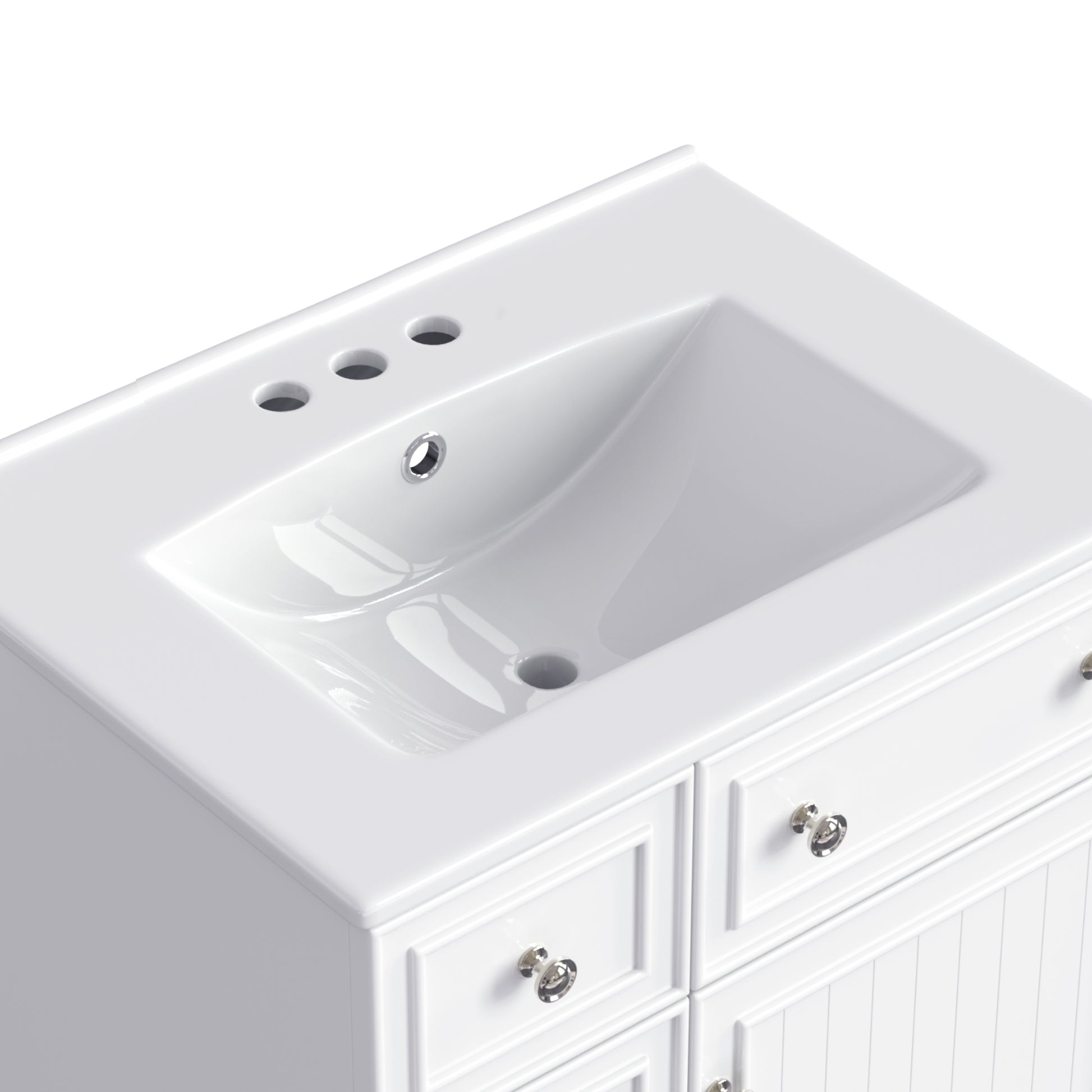 White ceramic bathroom vanity top with threehole faucet drillings and integrated basin