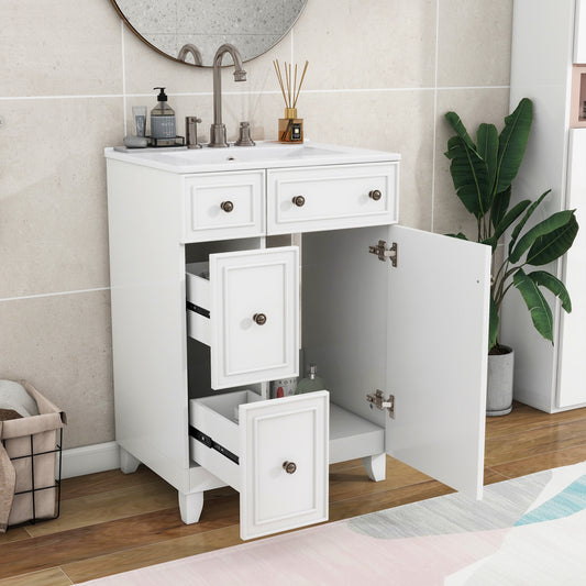 White bathroom vanity with two drawers and open cabinet showing storage