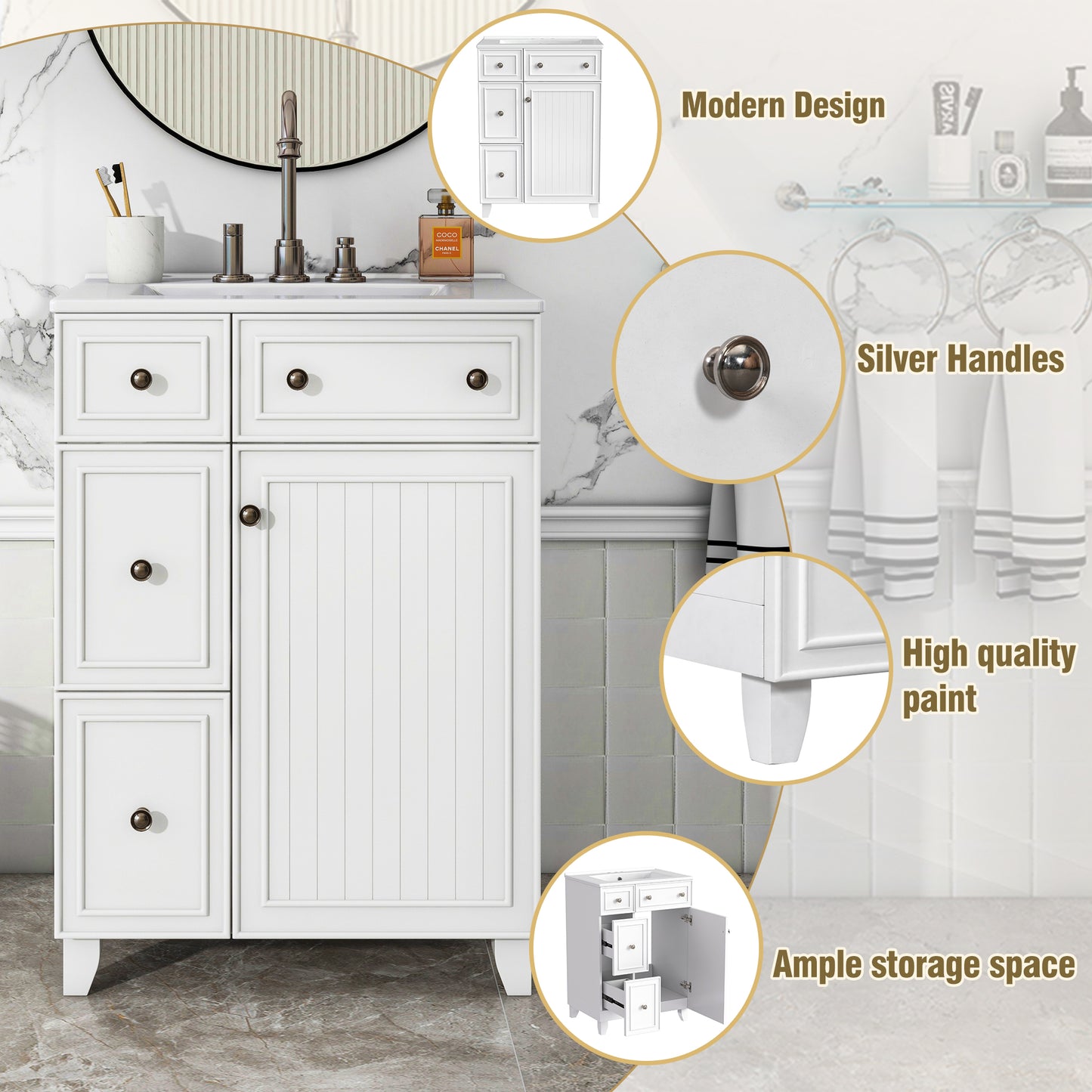 White bathroom vanity with beadboard door and drawers