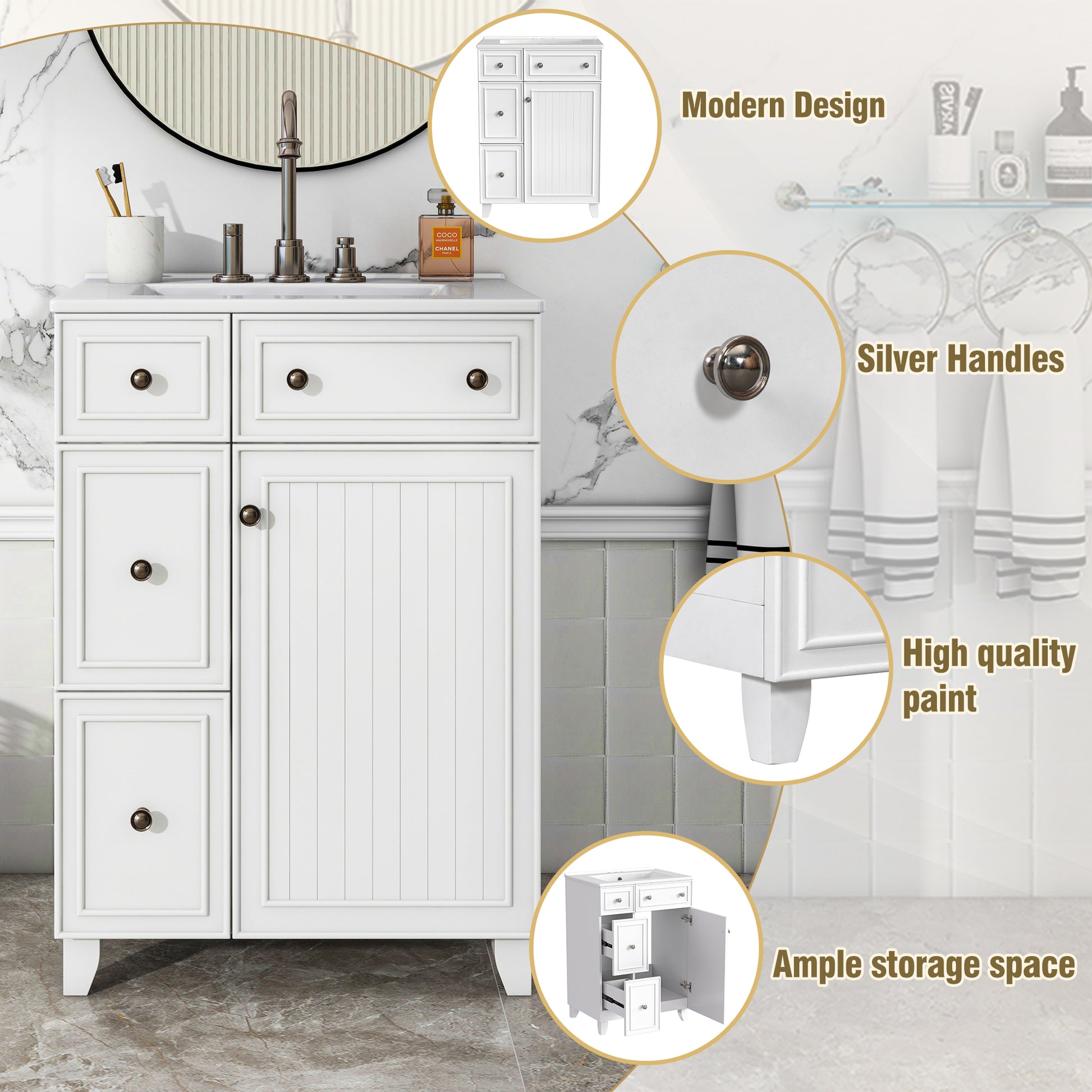 White bathroom vanity with beadboard door and drawers