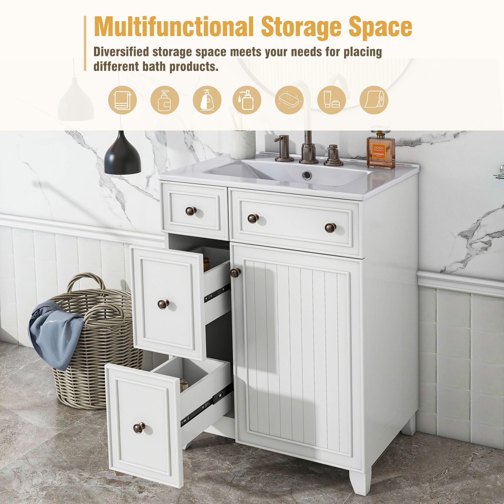 White vanity with drawers and cabinet offering ample bathroom storage space