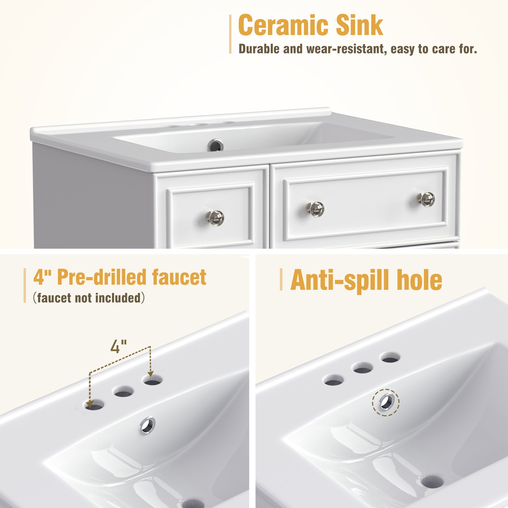 White ceramic bathroom sink with inch predrilled faucet holes