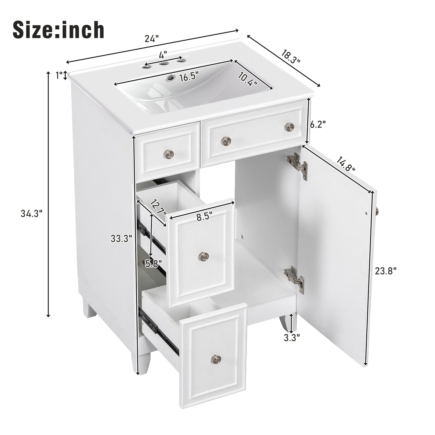 White inch bathroom vanity with undermount sink drawers and cabinet space