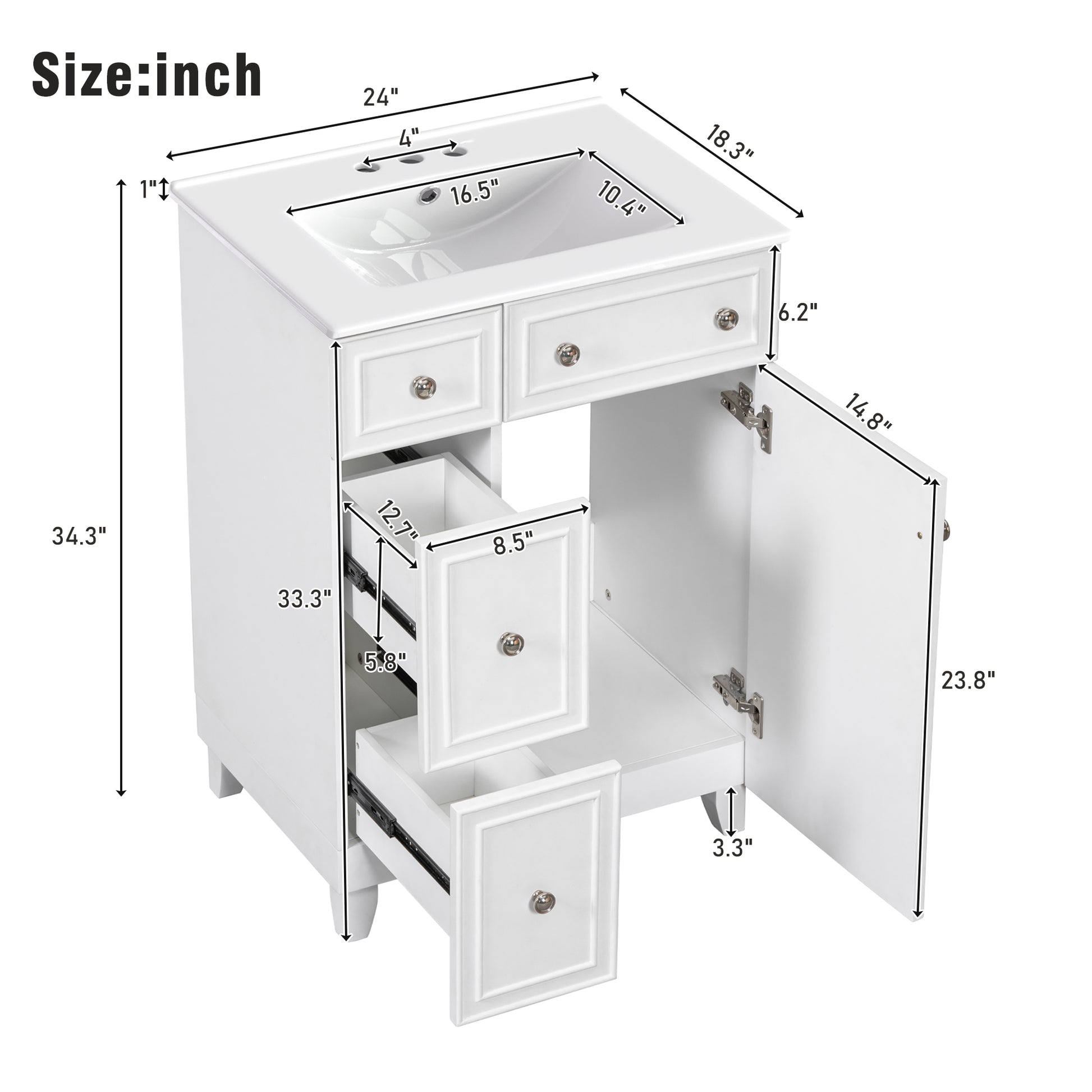 White inch bathroom vanity with undermount sink drawers and cabinet space