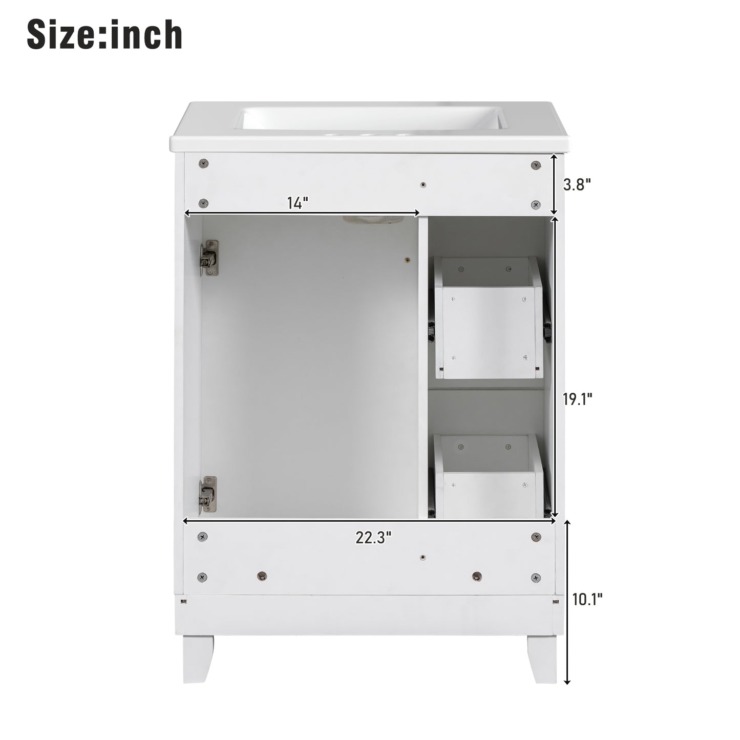 White bathroom vanity with two drawers and a single door  inches wide